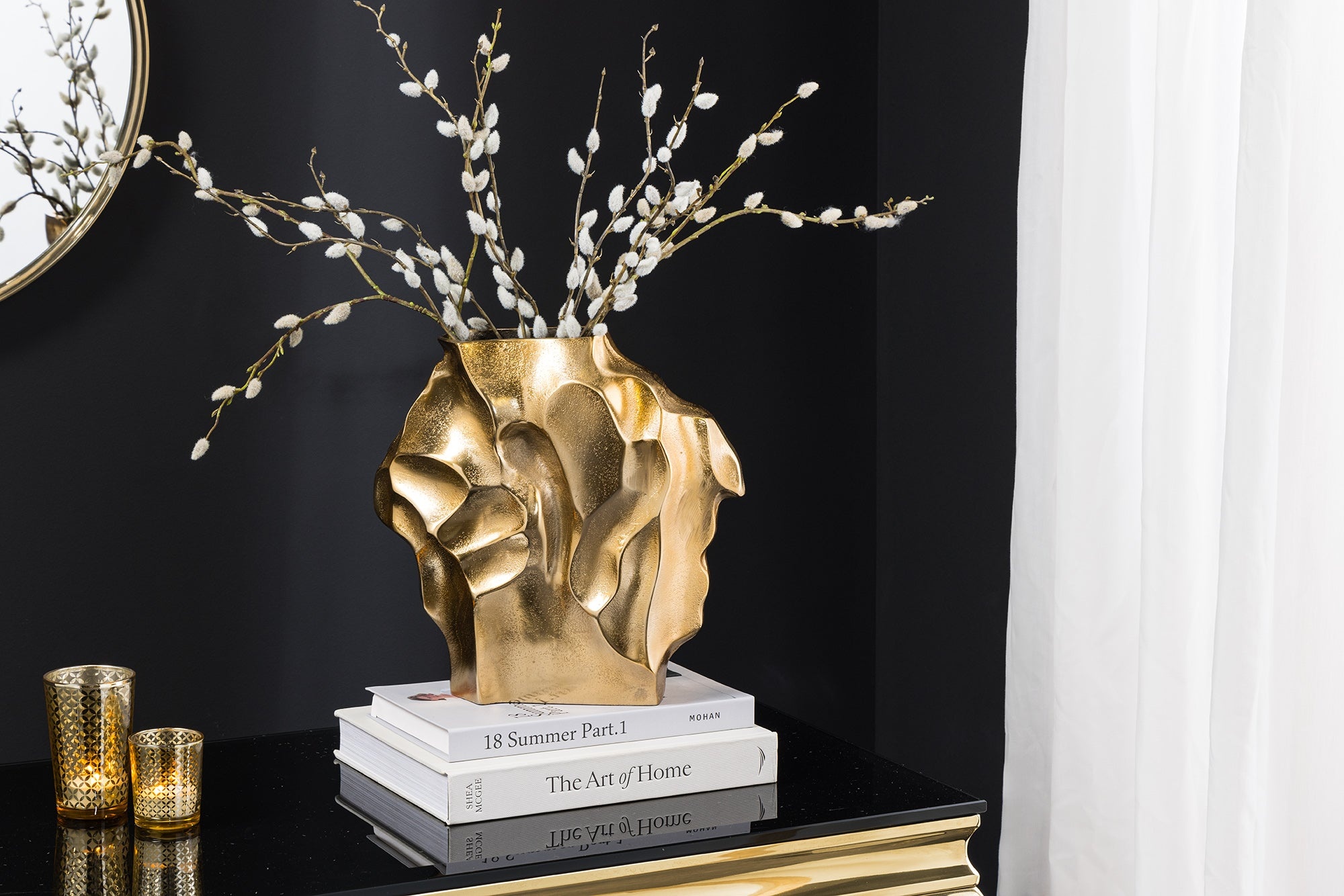 Handgemaakte vaas LIQUID 30cm goud metaal gehamerd design - 44876 afbeelding