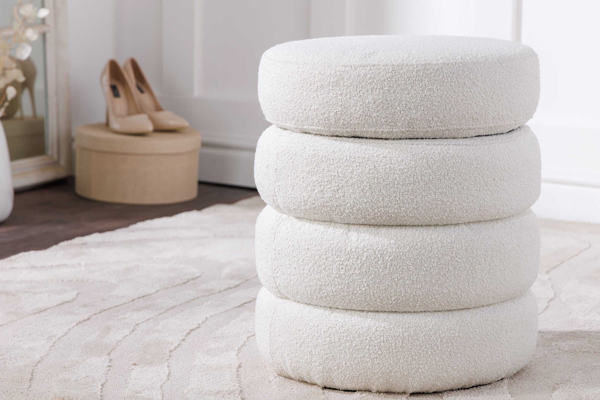 Ronde kruk VOGUE 50cm crèmewit bouclé poef met opbergruimte - 43524 afbeelding