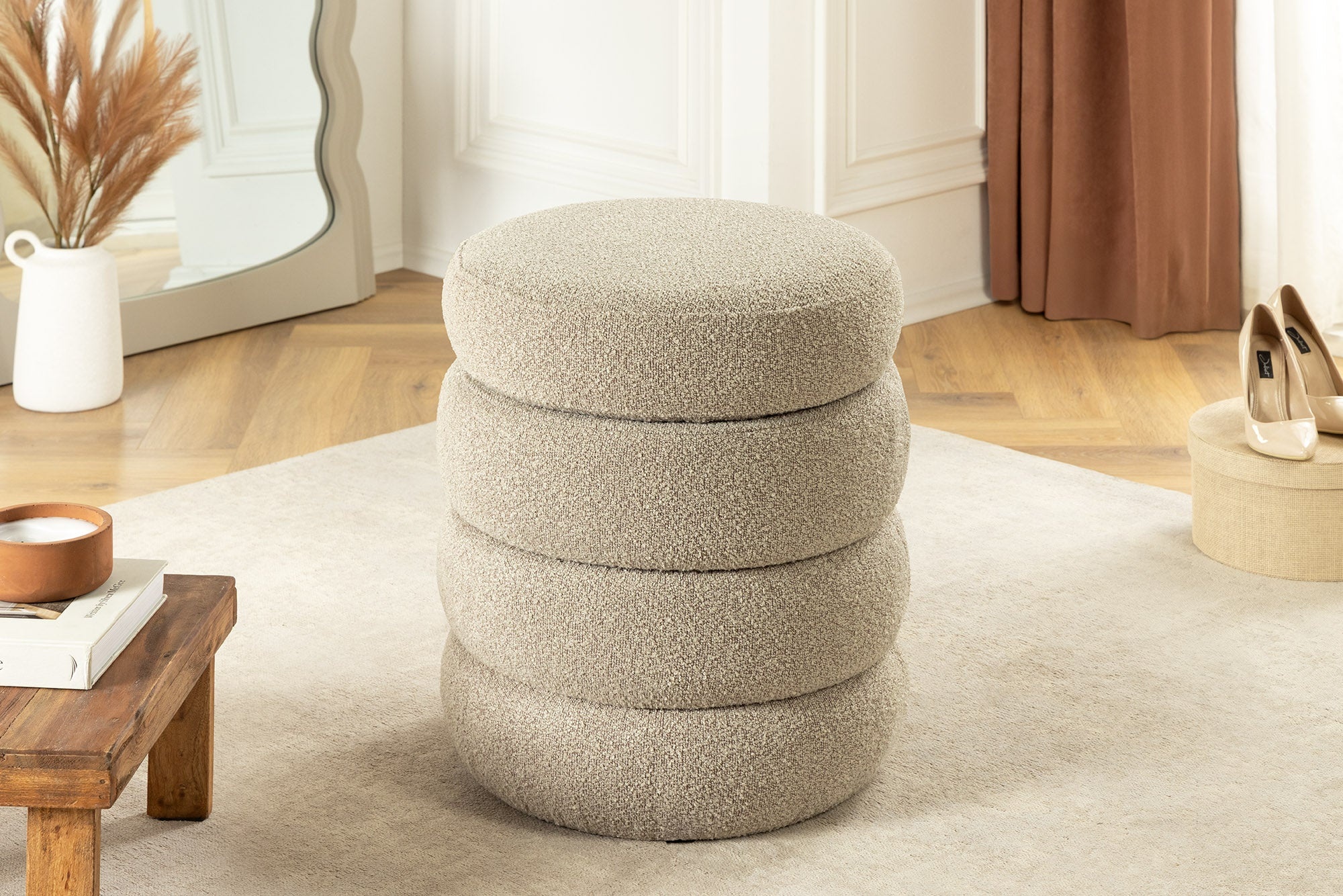 Ronde poef VOGUE 50cm taupe Bouclé poef met opbergruimte - 46685 afbeelding