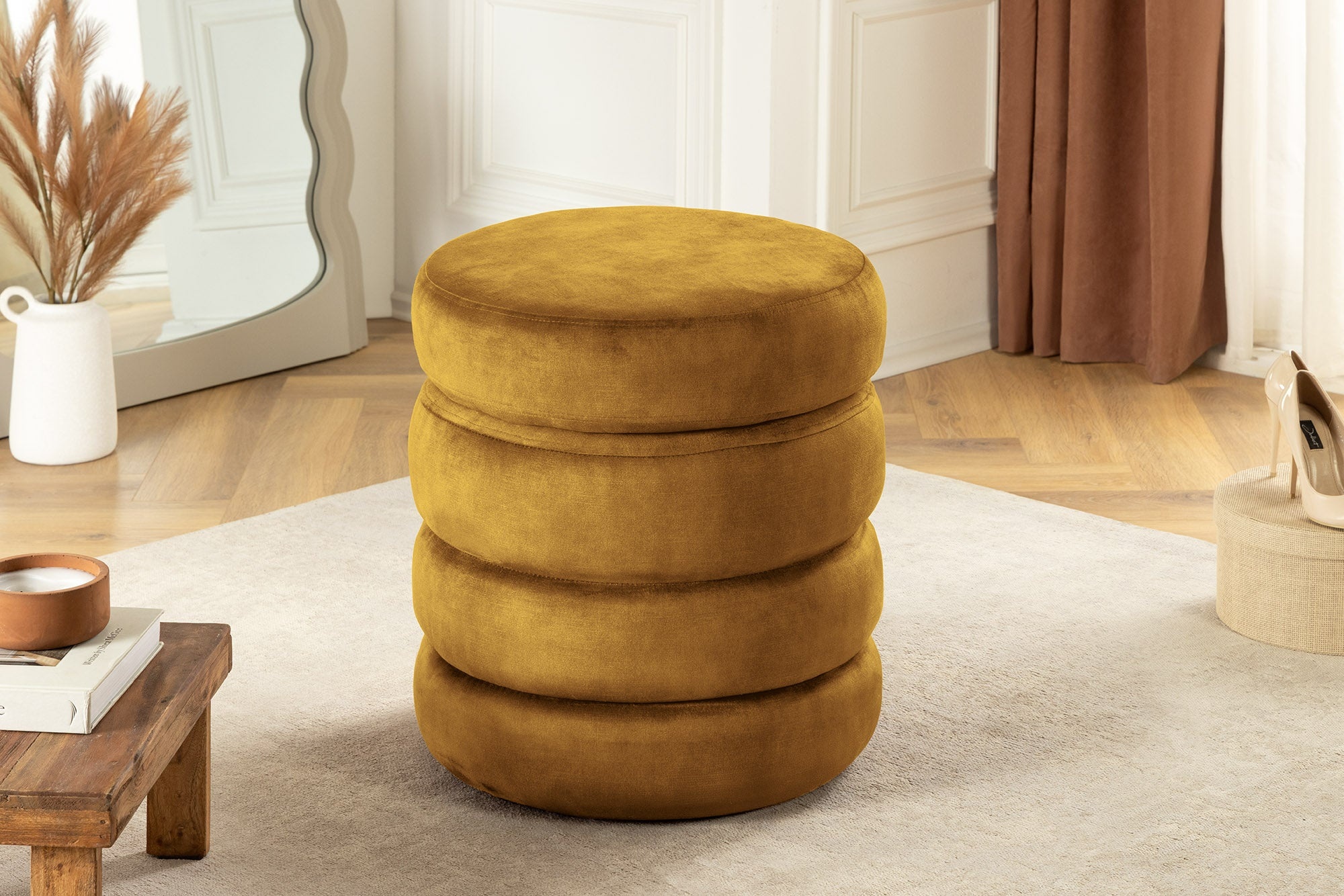 Ronde poef VOGUE 50cm mosterdgeel fluwelen poef met opbergruimte - 46693 afbeelding