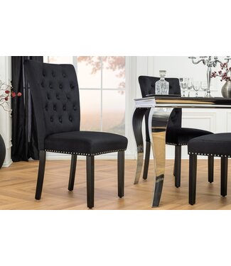 Invicta Interior Chesterfield Stoel CASTLE Zwart fluweel rubberhout decoratieve klinknagels - 44590