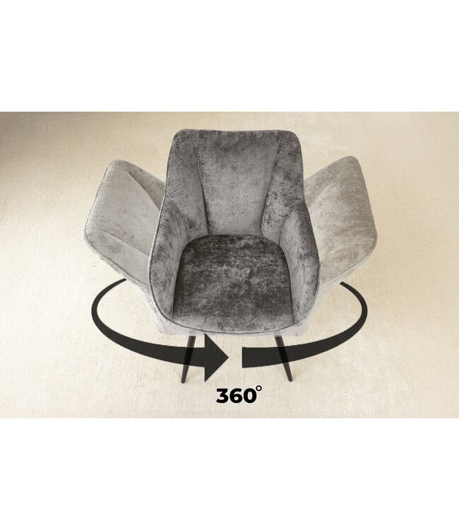 Invicta Interior Draaibare Retro Stoel AVIGNON Grijs Chenille Zwart Metalen Poten - 46469
