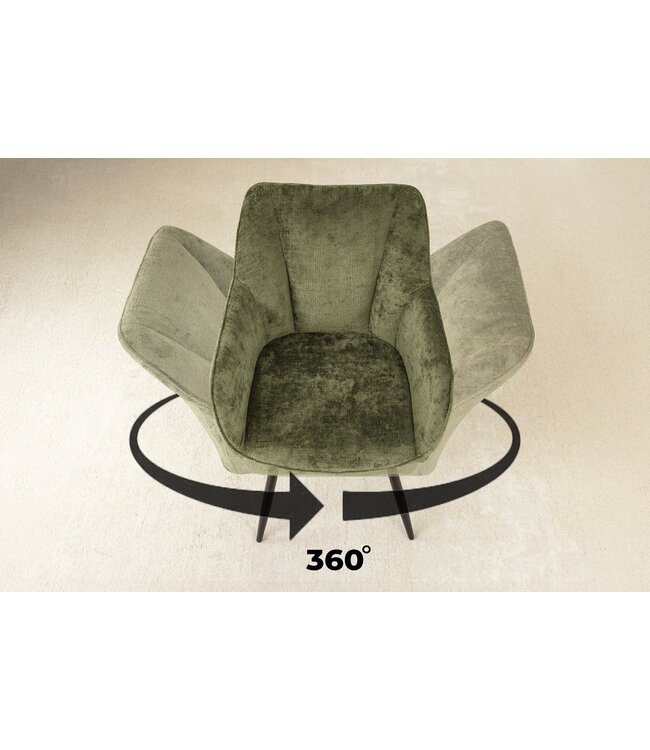 Invicta Interior Draaibare retro stoel AVIGNON Groen Chenille Zwart Metalen poten - 46472