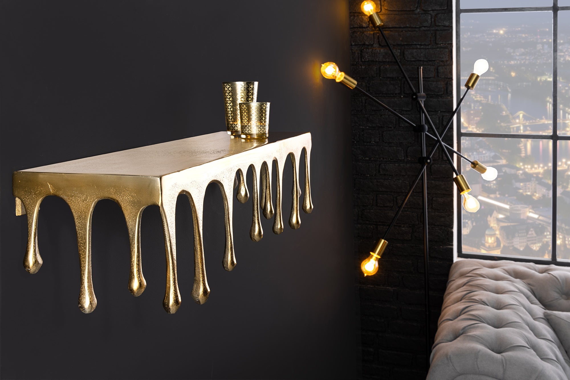 Handgemaakte wandplank LIQUID LINE 60 cm goud antiek metalen druppelontwerp - 44882 afbeelding