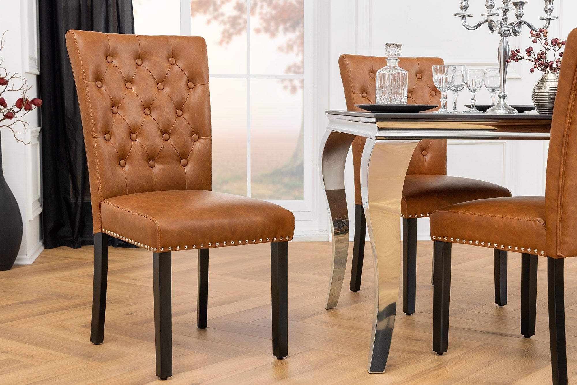 Chesterfield Stoel CASTLE Bruin Kunstleer Zwart Rubber Hout Decoratieve Klinknagels - 44589 afbeelding