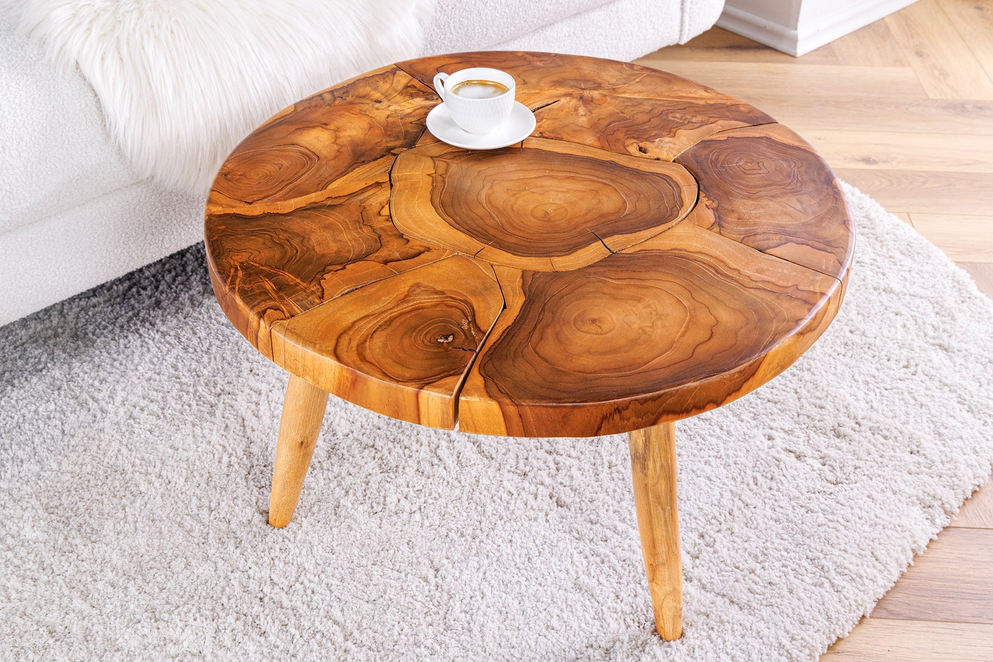 Ronde massief houten salontafel MOSAIK 60cm naturel teakhouten boomstam handgemaakt - 44712 afbeelding