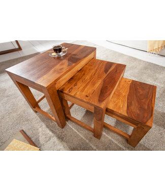 Invicta Interior Massief houten bijzettafels Set van 3 MONSOON 45 cm bruine salontafel met sheeshamstenen afwerking - 40794