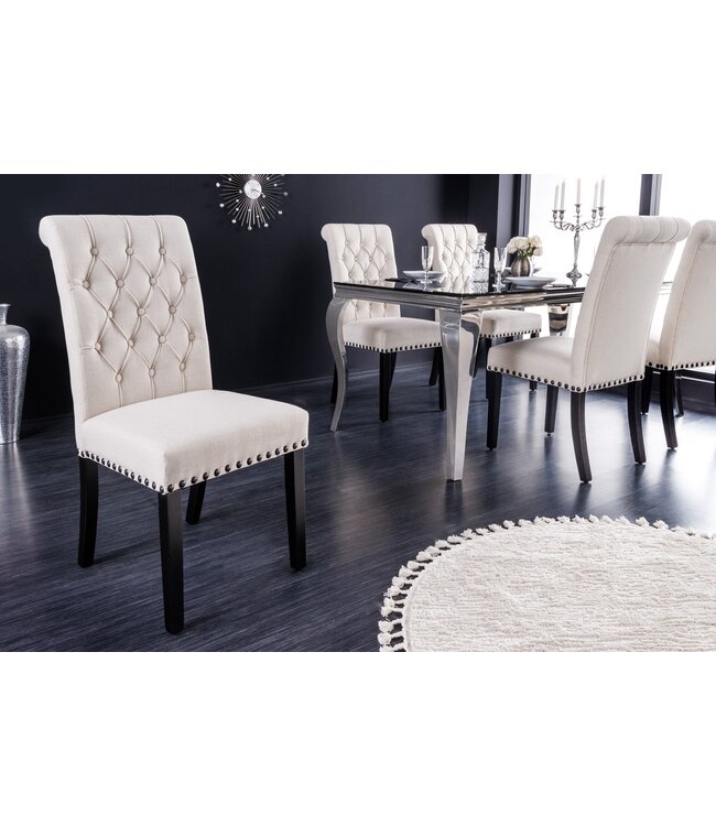 Invicta Interior Design Stoel CASTLE beige zwart Getextureerde stof Houten poten Chesterfield - 43215