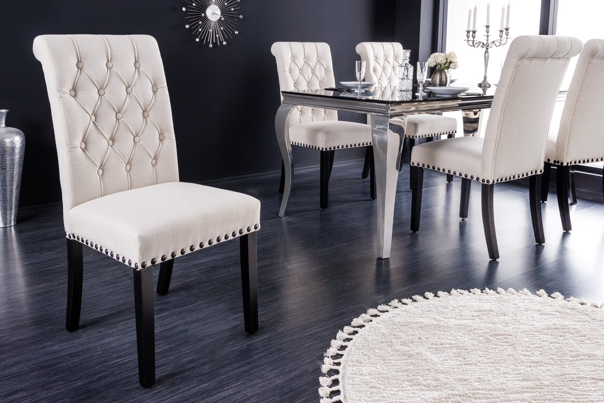 Design Stoel CASTLE beige zwart Getextureerde stof Houten poten Chesterfield - 43215 afbeelding