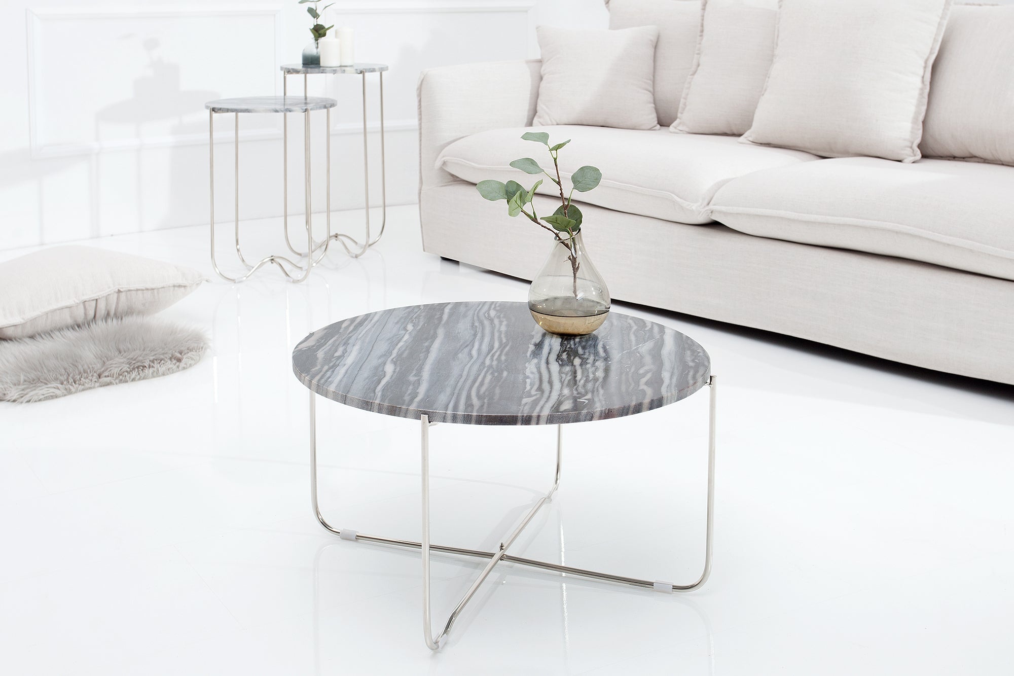 Exclusieve salontafel NOBLE 65cm grijs echt marmer rond zilver metaal - 38011 afbeelding