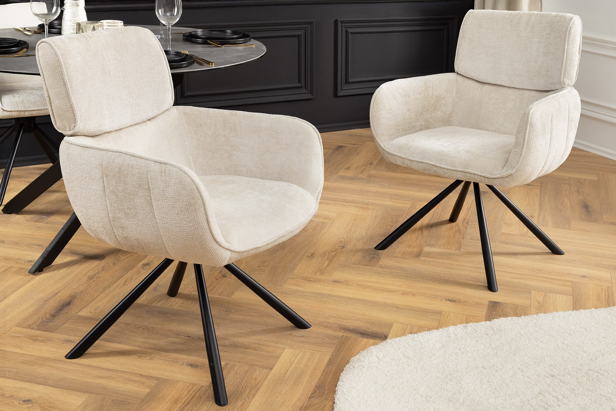 Draaibare Retro Stoel UNIEKE champagne beige chenille metalen poten met armleuning - 46322 afbeelding