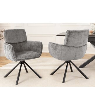 Invicta Interior Draaibare Retro Stoel UNIEK Grijs Chenille Zwart Metalen Frame met Armleuning - 46321 Invicta Interior Draaibare Retro Stoel UNIEK Grijs Chenille Zwart Metalen Frame met Armleuning - 46321