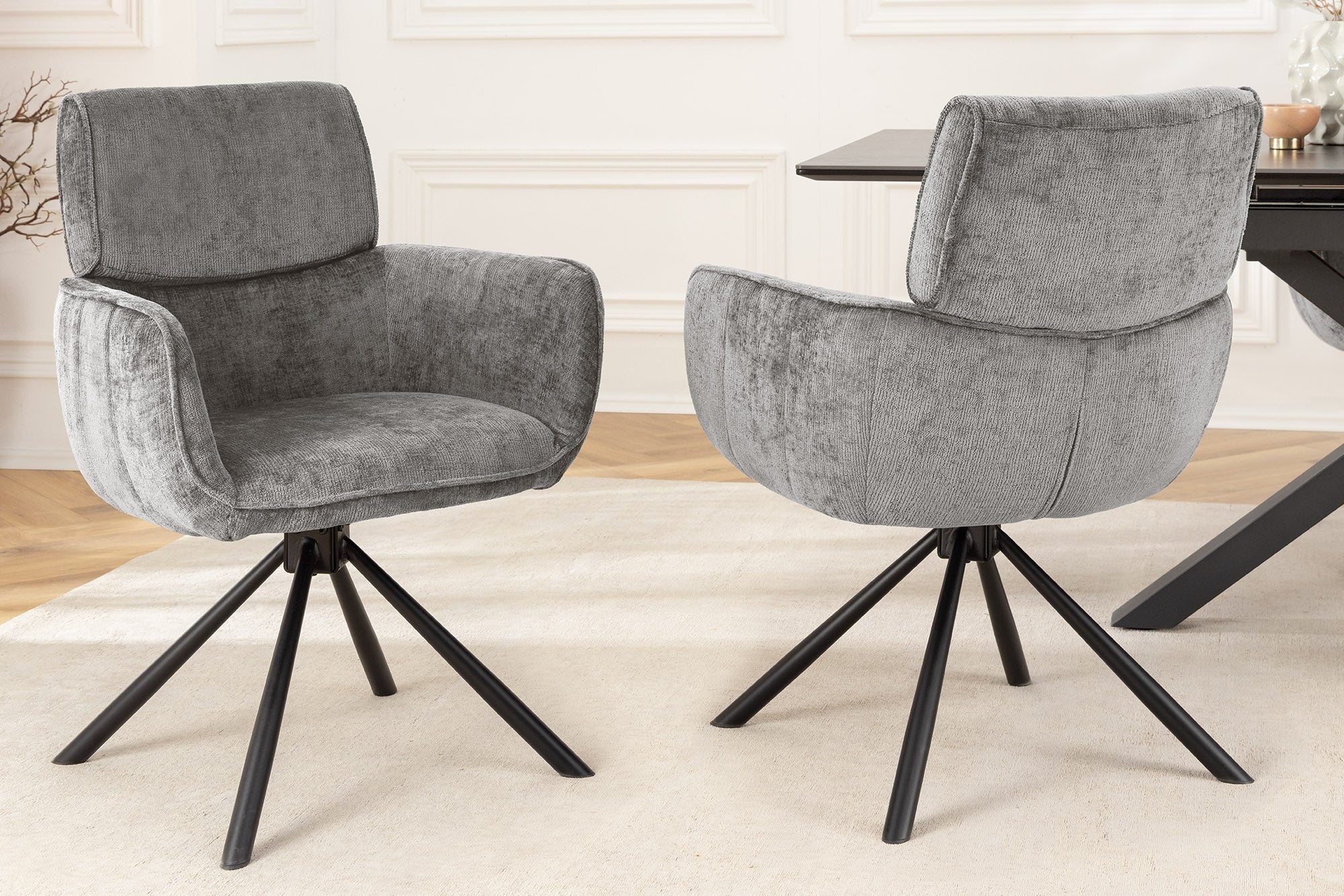 Draaibare Retro Stoel UNIEK Grijs Chenille Zwart Metalen Frame met Armleuning - 46321 afbeelding