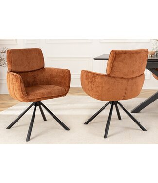 Invicta Interior Draaibare Retro Stoel UNIEK Roestbruin Chenille Zwart Metalen Poten met Armleuning - 46319 Invicta Interior Draaibare Retro Stoel UNIEK Roestbruin Chenille Zwart Metalen Poten met Armleuning - 46319