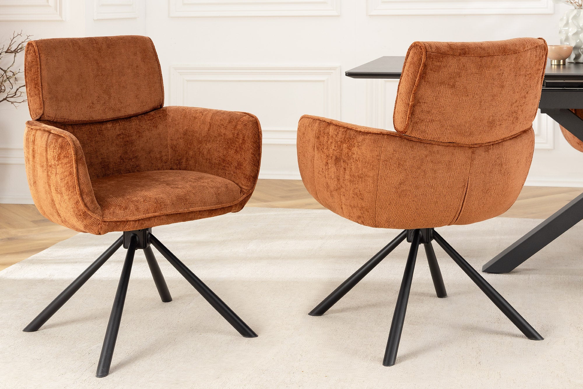 Draaibare Retro Stoel UNIEK Roestbruin Chenille Zwart Metalen Poten met Armleuning - 46319 afbeelding