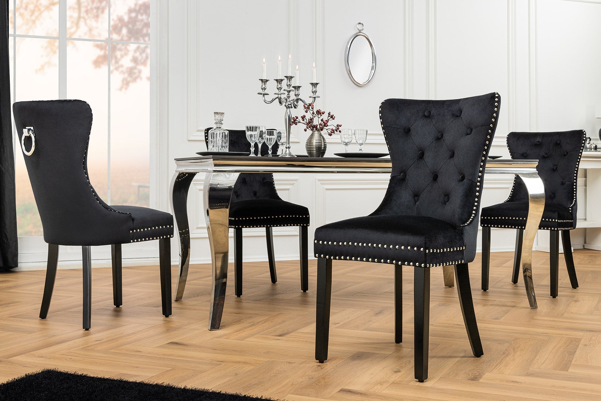 Chesterfield Stoel CASTLE Zwart fluweel massief houten decoratieve klinknagels met comfortabel handvat - 44587 afbeelding