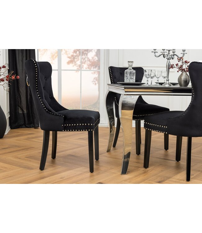 Invicta Interior Chesterfield Stoel CASTLE Zwart fluweel massief houten decoratieve klinknagels met comfortabel handvat - 44587