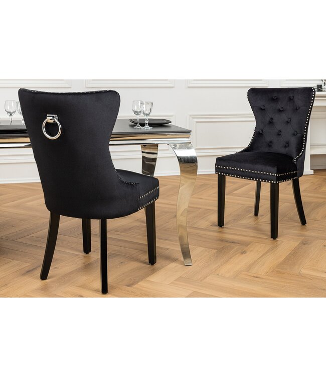 Invicta Interior Chesterfield Stoel CASTLE Zwart fluweel massief houten decoratieve klinknagels met comfortabel handvat - 44587