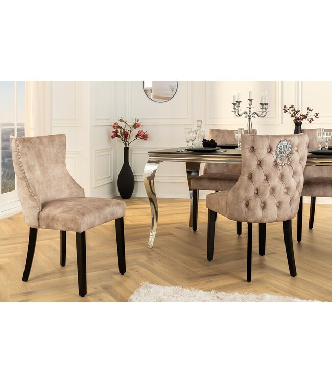 Invicta Interior Chesterfield Stoel CASTLE DELUXE beige fluweel met leeuwenkop studs - 45734