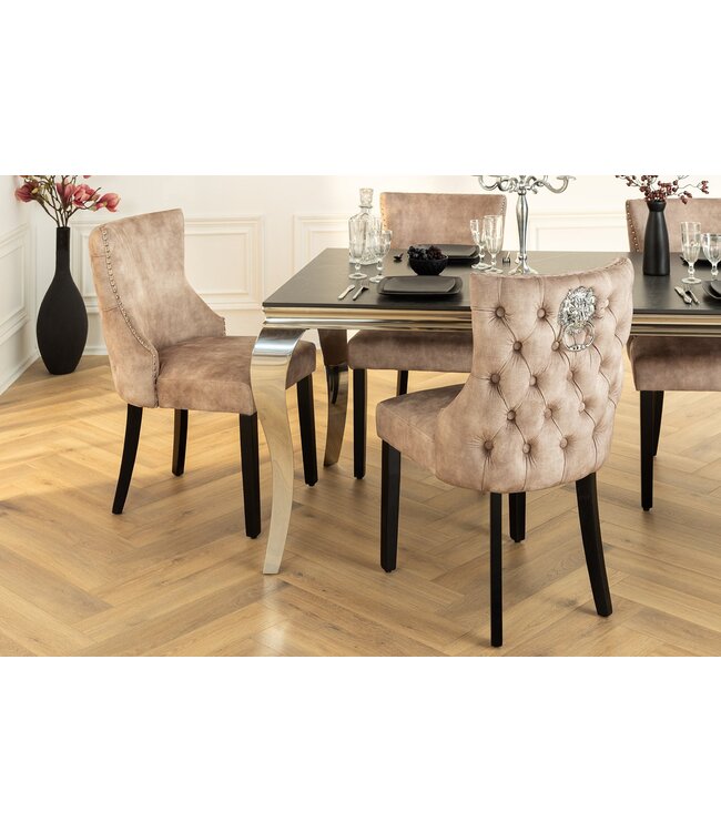 Invicta Interior Chesterfield Stoel CASTLE DELUXE beige fluweel met leeuwenkop studs - 45734