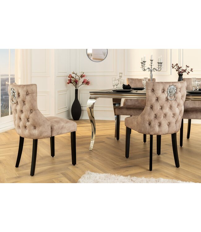 Invicta Interior Chesterfield Stoel CASTLE DELUXE beige fluweel met leeuwenkop studs - 45734