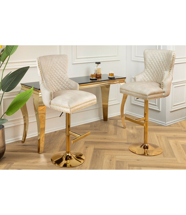 Invicta Interior In hoogte verstelbare barkruk CASTLE DELUXE beige fluweel goud roestvrij staal met leeuwenkop - 46149