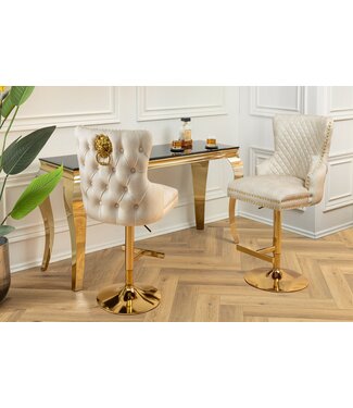 Invicta Interior In hoogte verstelbare barkruk CASTLE DELUXE beige fluweel goud roestvrij staal met leeuwenkop - 46149