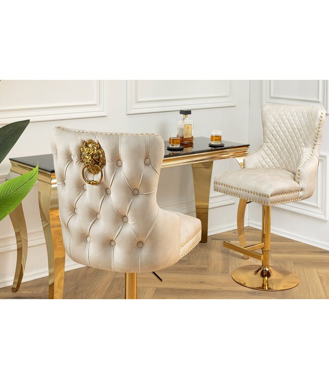 Invicta Interior In hoogte verstelbare barkruk CASTLE DELUXE beige fluweel goud roestvrij staal met leeuwenkop - 46149