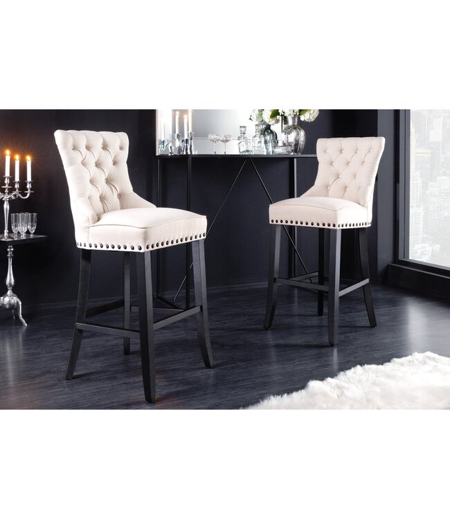 Invicta Interior Design barkruk CASTLE beige zwart structuurstof met rugleuning hout Chesterfield - 43217