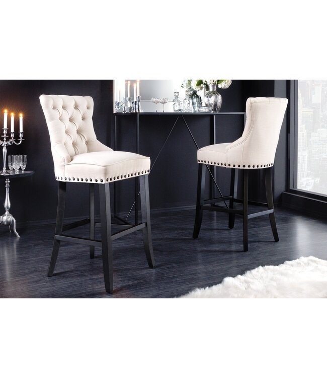 Invicta Interior Design barkruk CASTLE beige zwart structuurstof met rugleuning hout Chesterfield - 43217