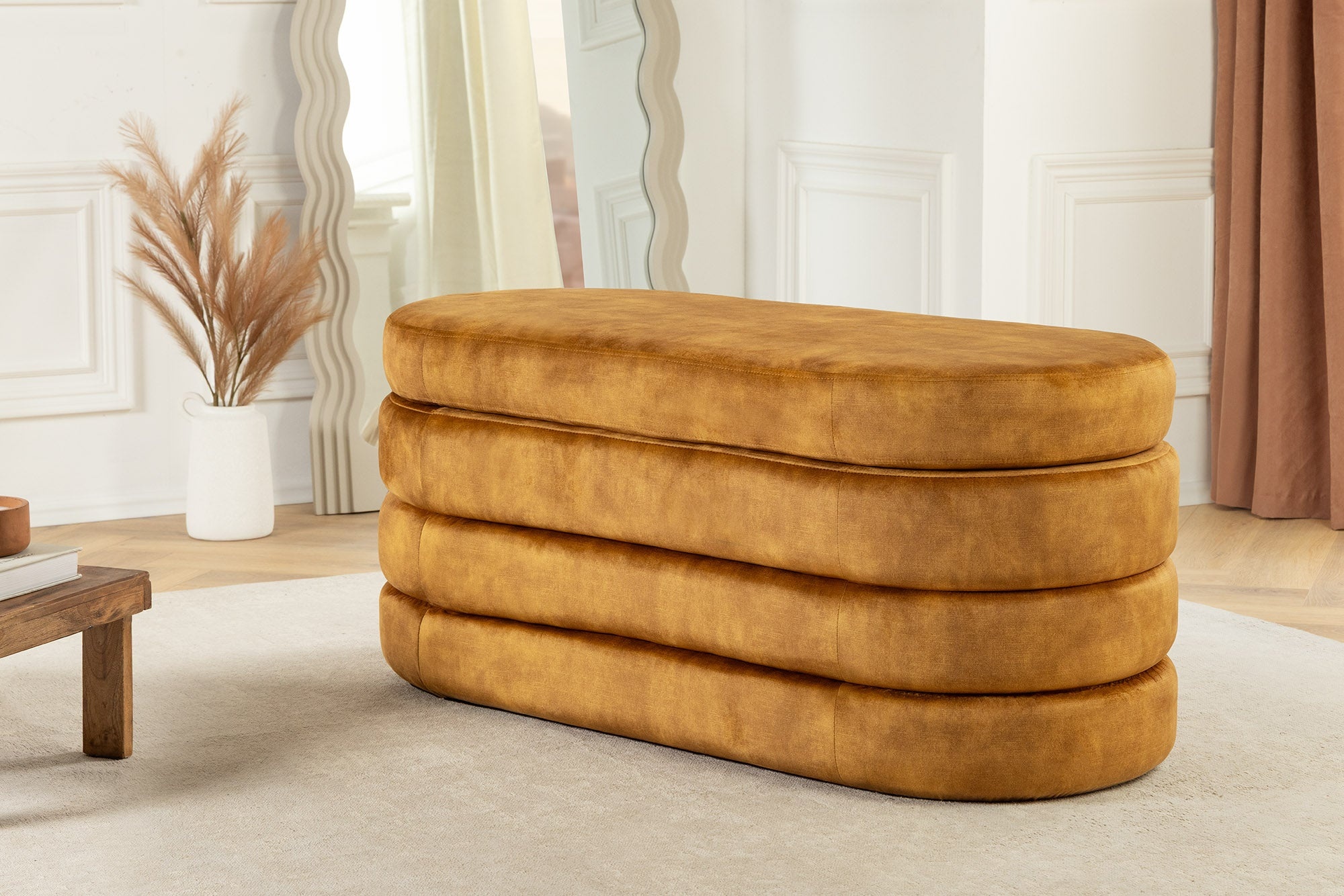 Extravagante gestoffeerde bank VOGUE 115 cm mosterdgeel fluwelen bank met opbergruimte - 46690 afbeelding