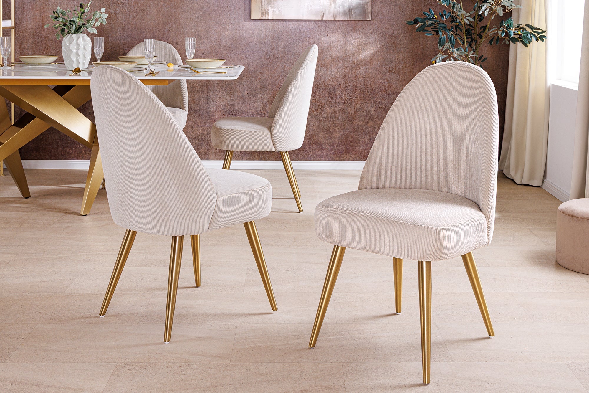 Retro Stoel MIA CASA beige corduroy champagne goud geborsteld metaal - 45926 afbeelding