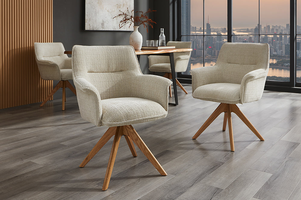 Bureaustoel LE GRAND beige chenille naturel massief eikenhout met armleuning - 47475 afbeelding