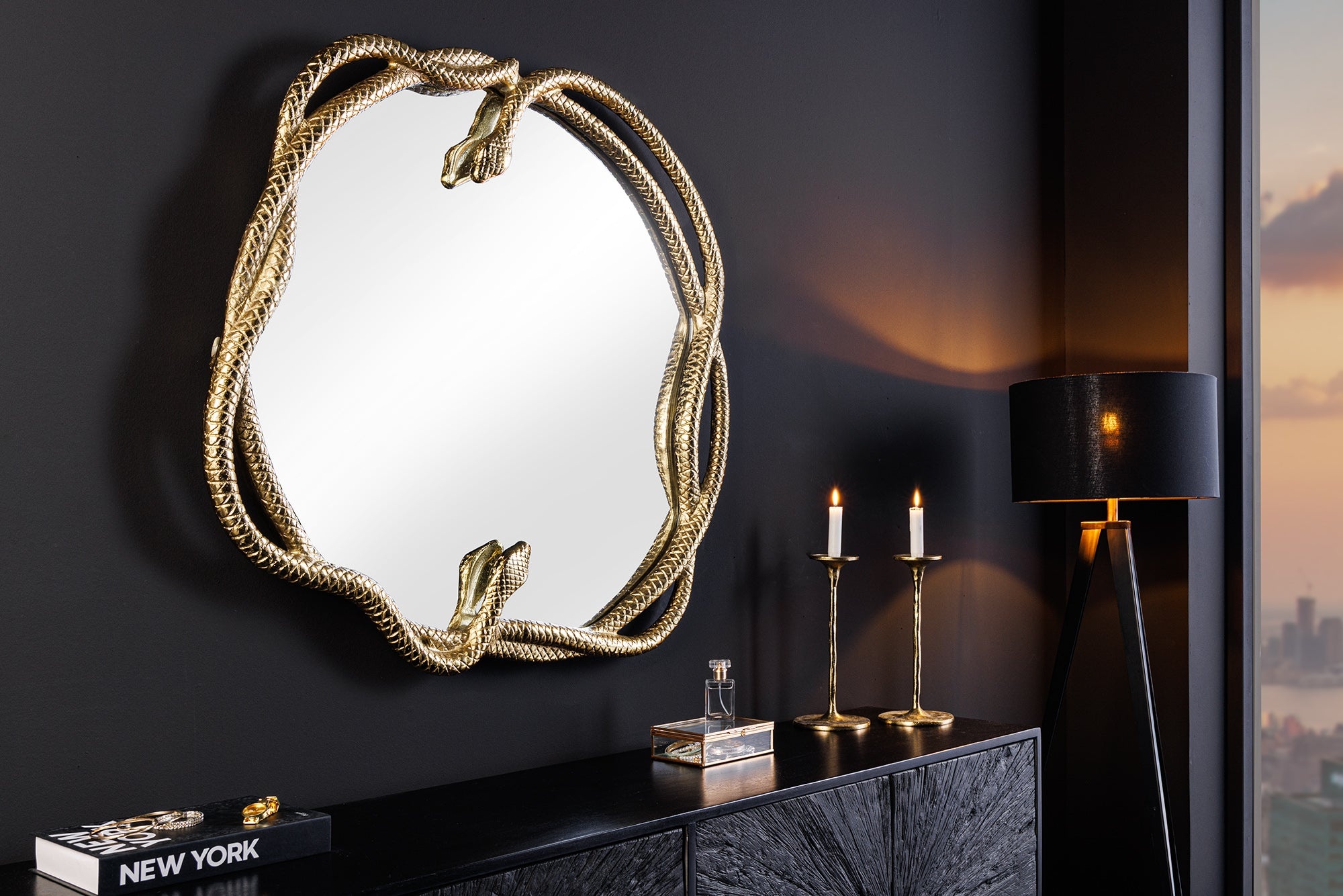 Decoratieve spiegel SNAKE XL 85cm goudkleurig metalen slangenbeeld - 45432 afbeelding