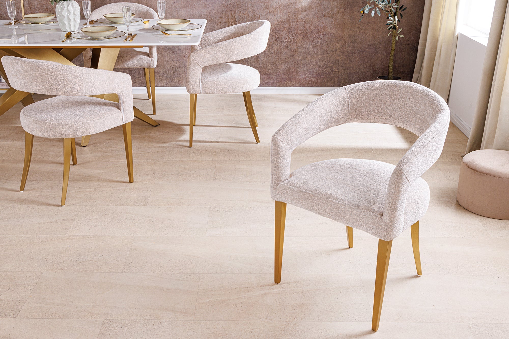 Scandinavische stoel BOUTIQUE beige structuurstof geborsteld champagne goud metaal - 45923 afbeelding
