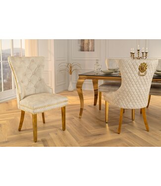 Invicta Interior Barokke stoel CASTLE DELUXE beige fluweel goud roestvrij staal met leeuwenkop decoratieve klinknagels - 46148