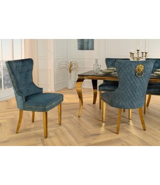 Invicta Interior Barokke stoel CASTLE DELUXE benzine fluweel goud roestvrij staal met leeuwenkop decoratieve klinknagels - 46147