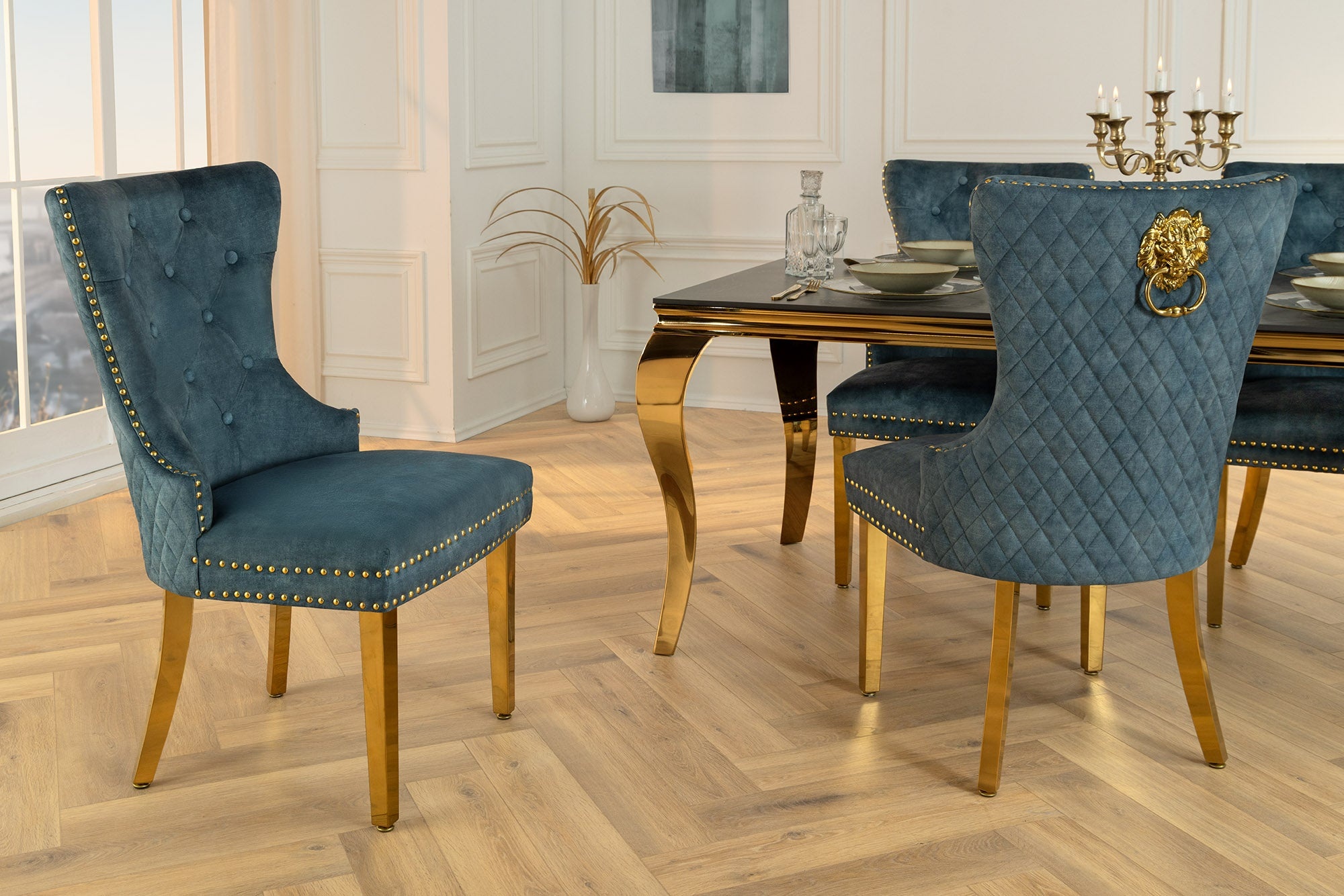 Barokke stoel CASTLE DELUXE benzine fluweel goud roestvrij staal met leeuwenkop decoratieve klinknagels - 46147 afbeelding