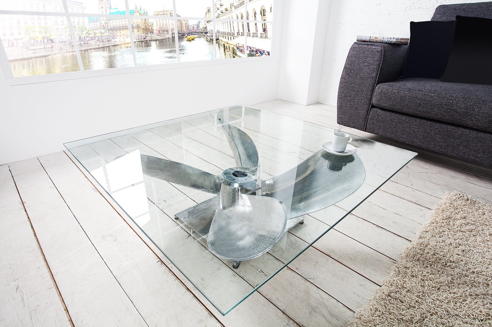 Maritieme salontafel OCEAN L 85cm Zilver Antieke Scheepsschroef met Glazen Blad - 36469 afbeelding