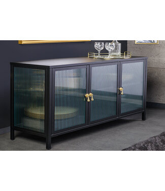 Invicta Interior Modern dressoir AMSTERDAM 105cm Zwart Goud Geruite Glazen Metalen Vitrinekast - 43534