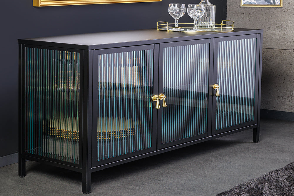 Modern dressoir AMSTERDAM 105cm Zwart Goud Geruite Glazen Metalen Vitrinekast - 43534 afbeelding