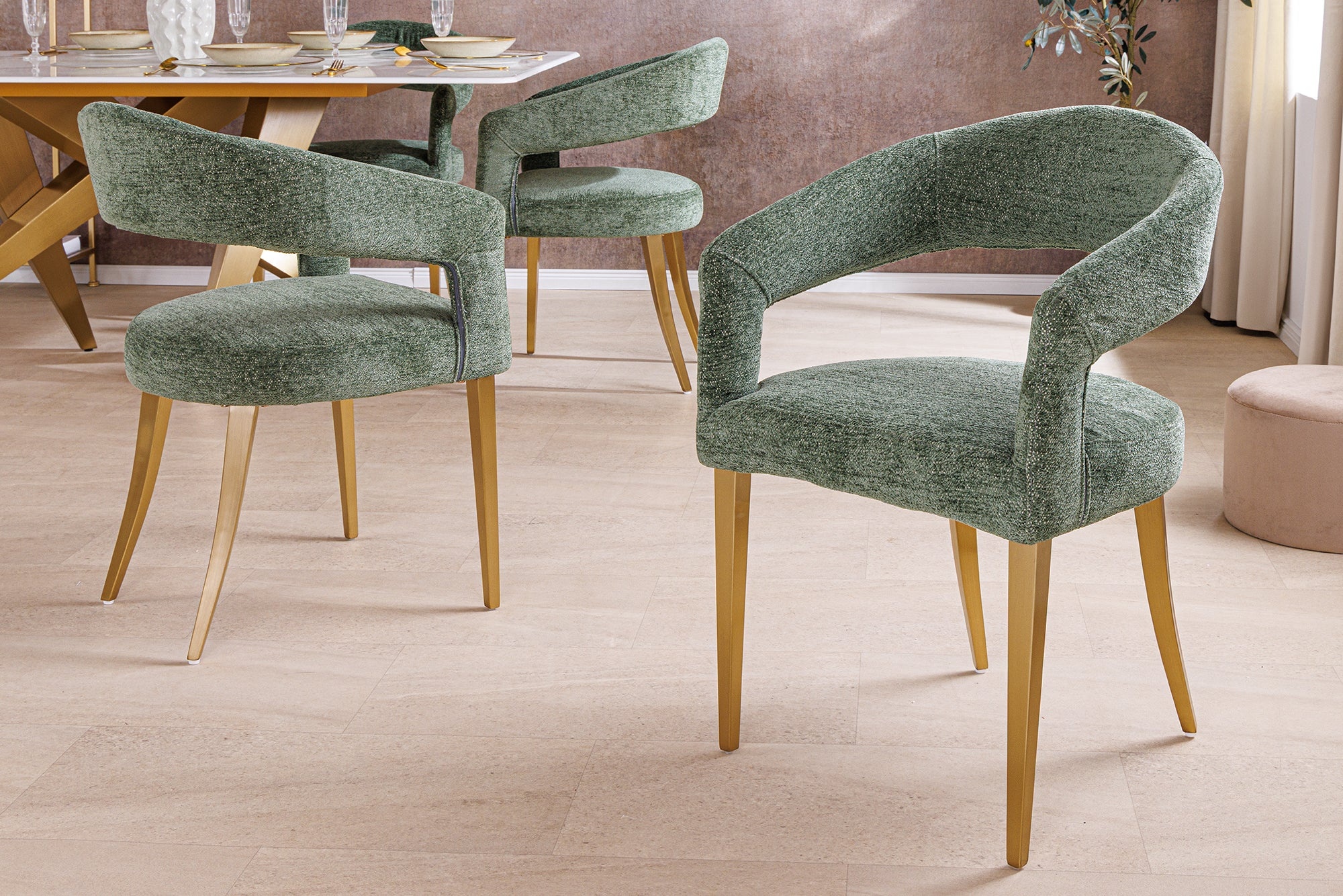 Scandinavische stoel BOUTIQUE groen getextureerde stof geborsteld champagne goud metaal - 45924 afbeelding