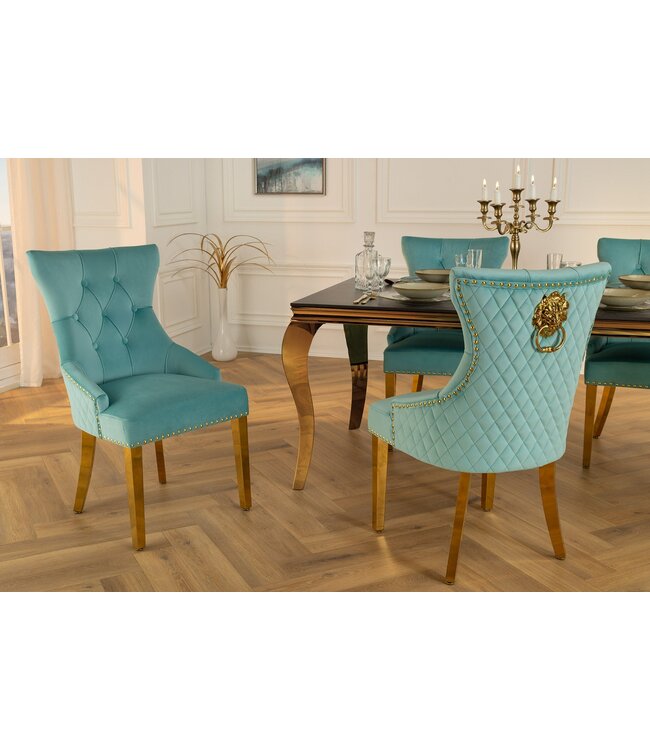 Invicta Interior Barokke stoel CASTLE DELUXE blauw fluweel goud RVS met leeuwenkop Chesterfield - 45845