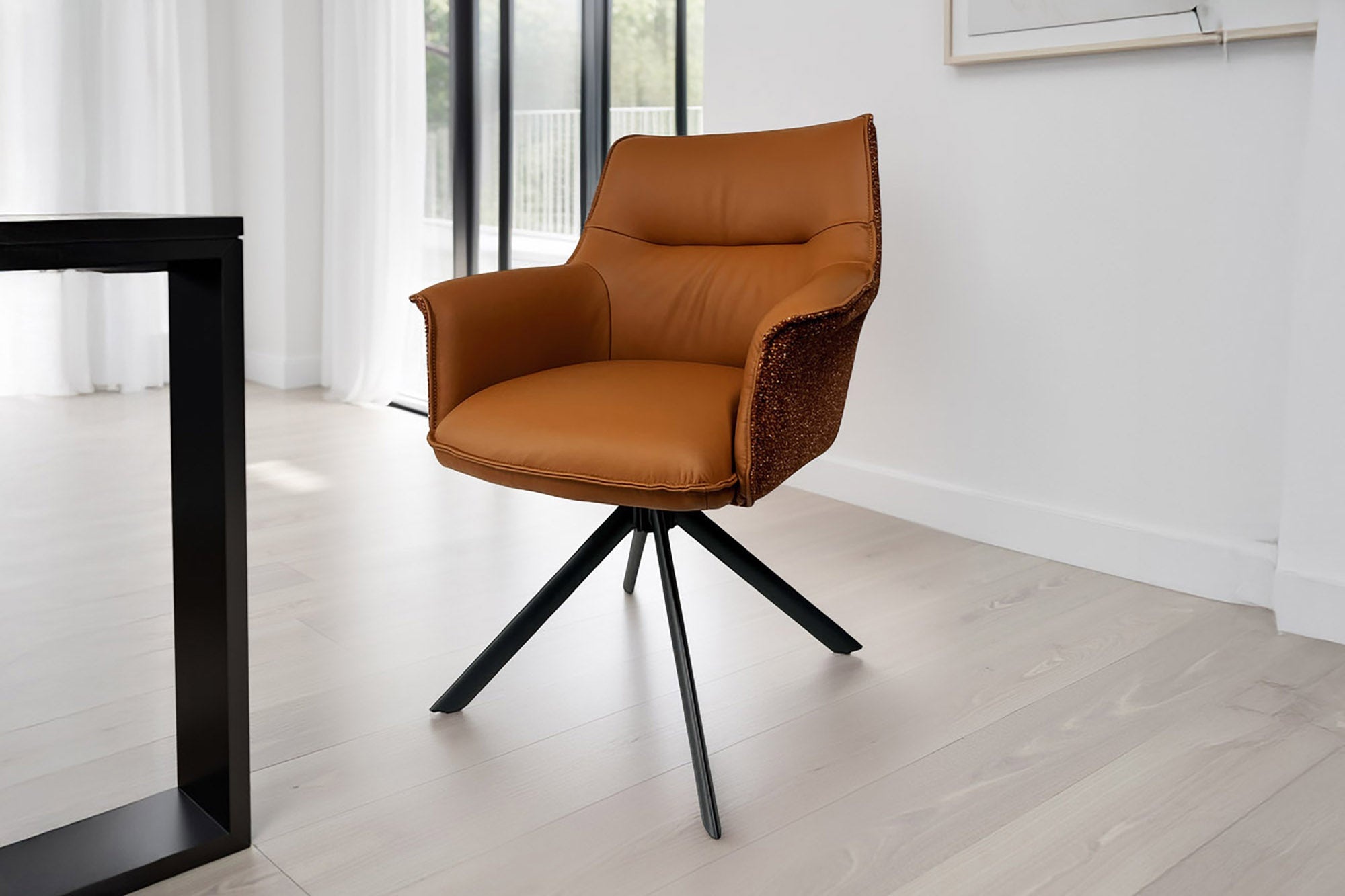 Bureaustoel LE GRAND cognac echt leer structuurstof zwart metalen frame - 46989 afbeelding