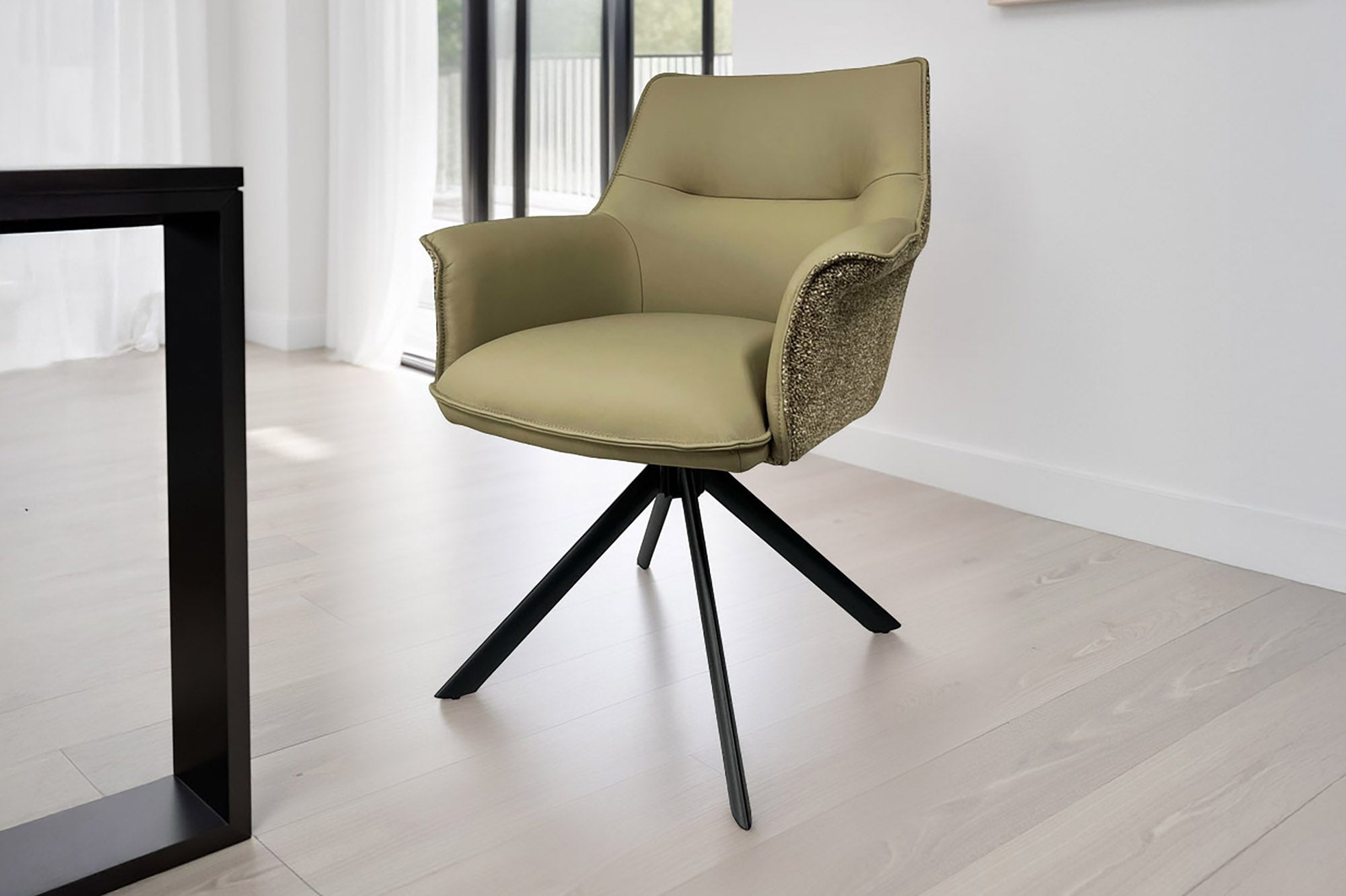 Draaistoel LE GRAND taupe echt leer getextureerde stof zwart metalen frame - 46990 afbeelding