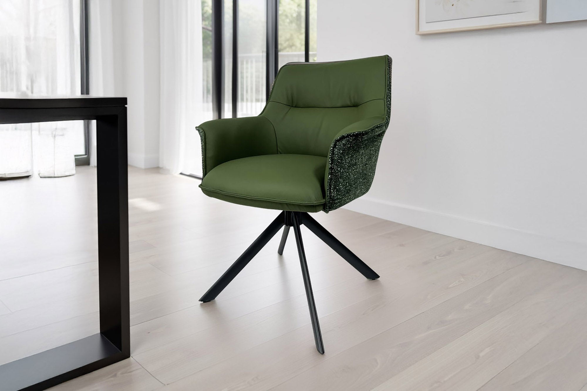 Draaistoel LE GRAND Groen Echt Leer Getextureerde Stof Zwart Metalen Frame - 46991 afbeelding