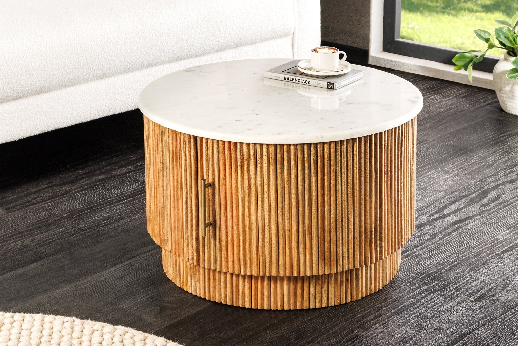 Salontafel TRES CHIC Ø 60cm rond mangohout naturel met wit marmeren ...