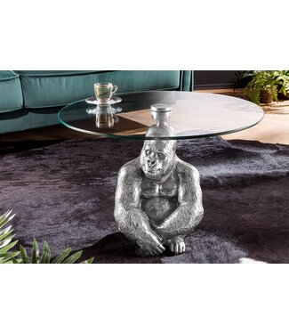 Invicta Interior Ronde salontafel WILDLIFE KONG 60cm zilver metaal glazen aap beeldje gorilla sculptuur handgemaakt - 45435