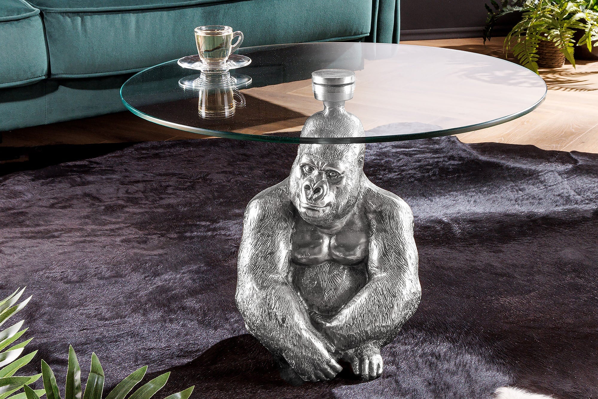 Ronde salontafel WILDLIFE KONG 60cm zilver metaal glazen aap beeldje gorilla sculptuur handgemaakt - 45435 afbeelding