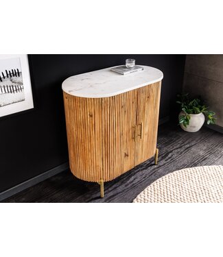 Invicta Interior Dressoir TRES CHIC 70cm mangohout naturel met wit marmeren blad en gouden handgrepen - 45754